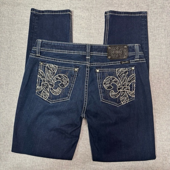 Miss Me Easy Skinny Jean Fleur De Lis Dark Wash Jeans Rhinestone Bling Size 31 - Picture 6 of 10